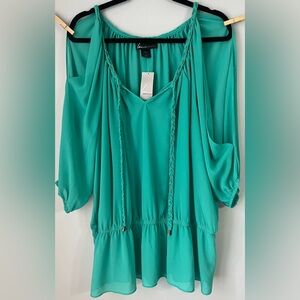 NWT Lane Bryant 3X green blouse, cold shoulder, sheer, cinch waist, braid, boho